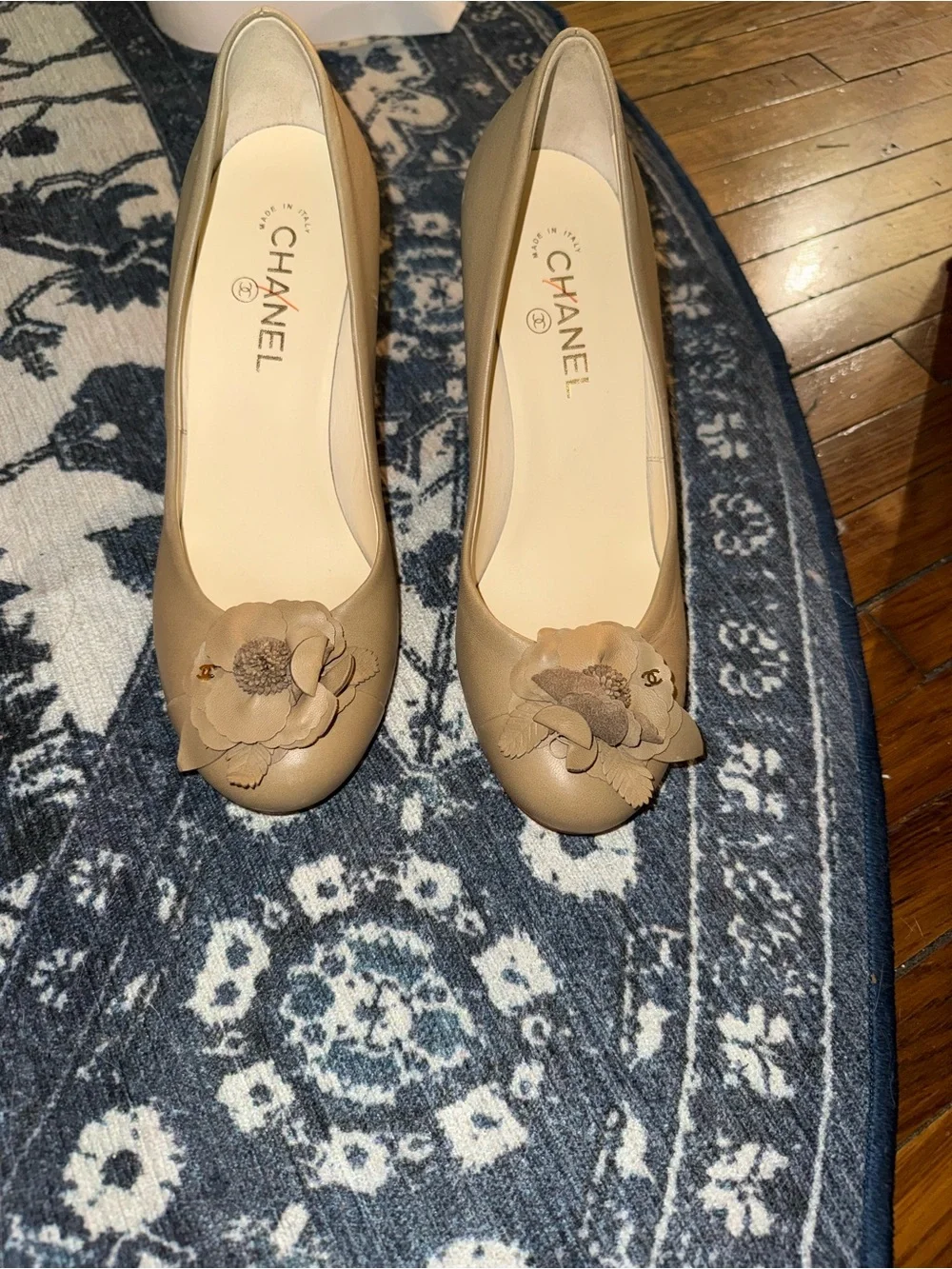 CHANEL Nude Beige Camellia Leather Pumps